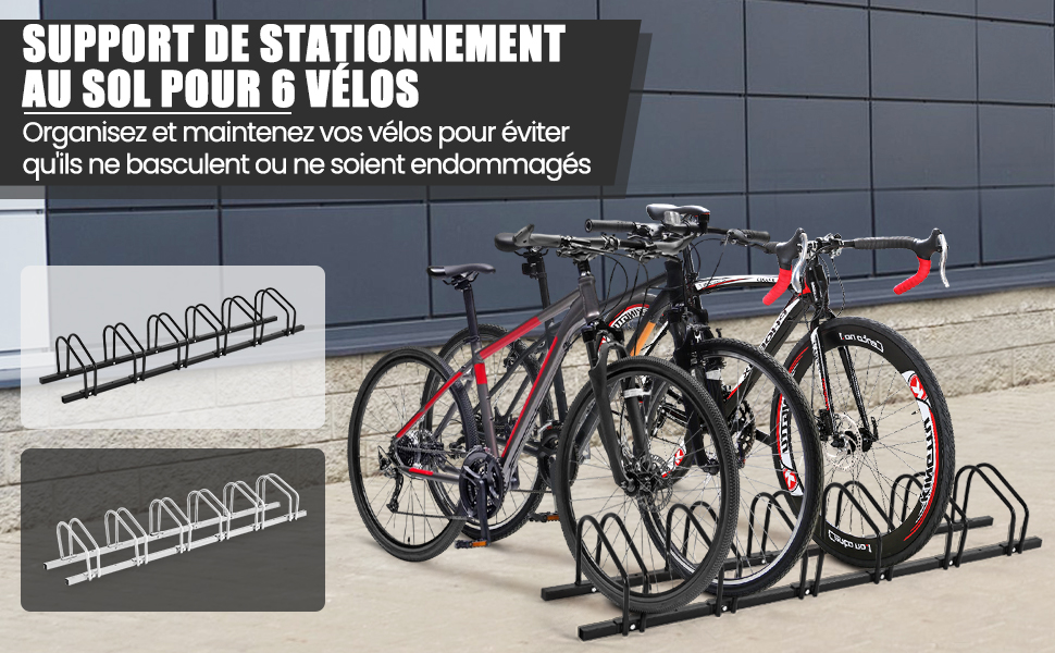 Râtelier pour 6 Vélo en Acier Revêtu Fixation au Sol ou au Mur pour  Extérieur et Intérieur 180 x 32,5 x 26CM Argent - Costway