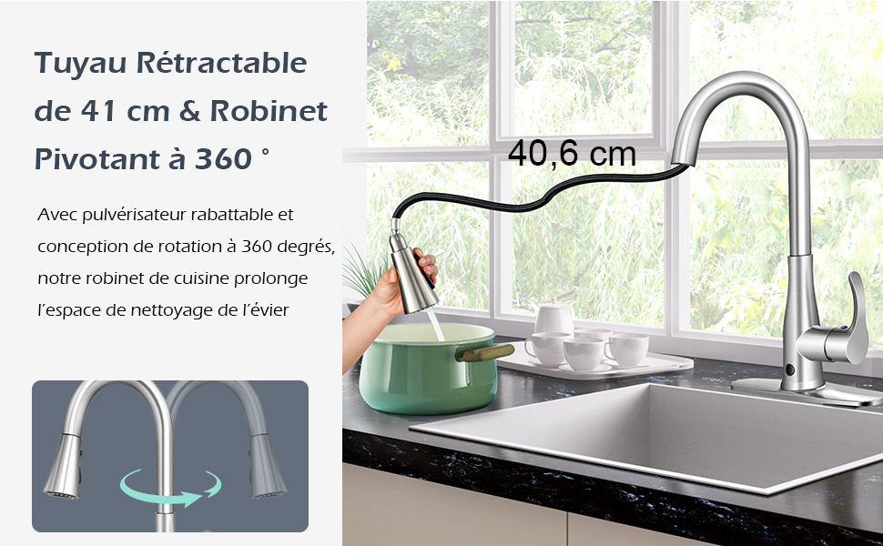 Costway robinet cuisine Mitigeur rotatif à 360°, 3 modes de pulvérisation, douchette extensible 40 cm monocommande avec Détecteur de