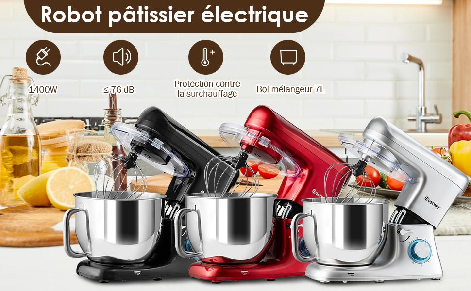 Robot Patissier 1400W 6 Vitesses 7 Litres avec Crochet a Pate et Fouet a Fils Rouge