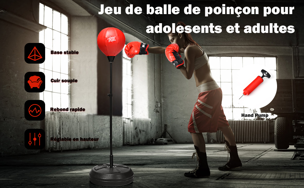  Sac de Boxe Punching Ball sur Pied Hauteur Reglable 120-154CM avec Gant Pompe a Main Gonflable