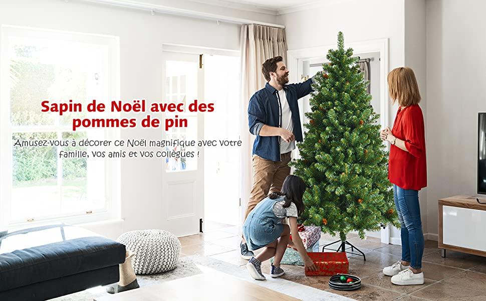 Sapin de Noël Artificiel 180 cm avec Pommes de Pin Realistes 763 Rameaux Denses avec Base Metallique Pliable
