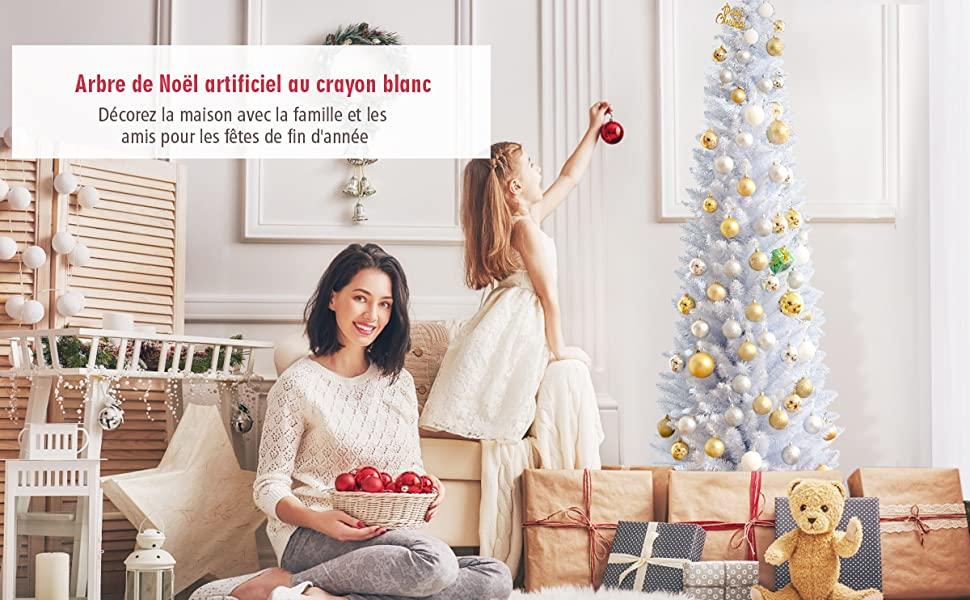 Sapin de Noel Artificiel Longiligne Blanc de 180 cm avec 340 Branches et Support Metallique Pliable Materiau PVC