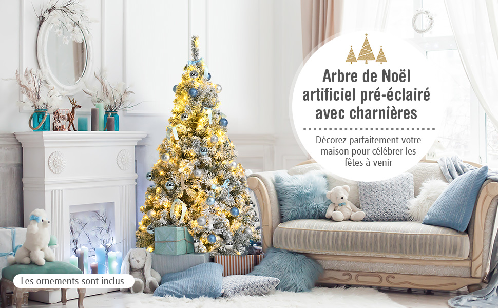 Sapin de Noel Artificiel Enneige de 150 cm en PVC avec 522 Branches 55 Lumières LED 55 Ornements et Base en Metal Pliable