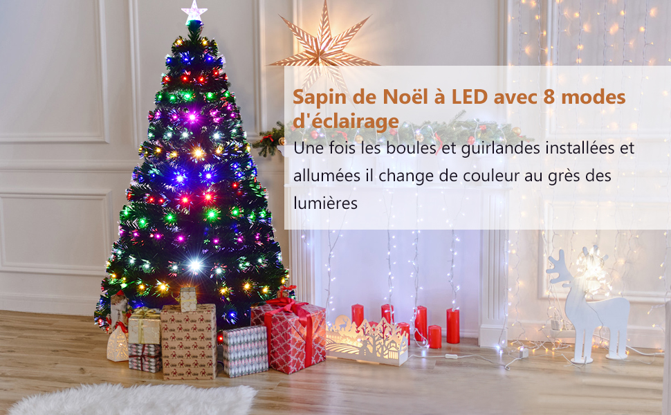 210cm Sapin de Noel Artificiel LED Lumineux 280 Branches Lumiere a Variation de 6 Couleurs avec Etoile a la Cime