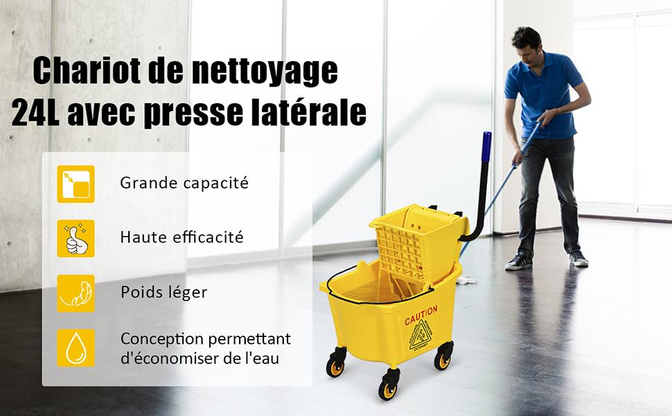 Chariot de Nettoyage sur Roulette Lavage Seau de Menage 24 L Avec Essorer et Separateur Jaune 50 x 36 x 84 CM