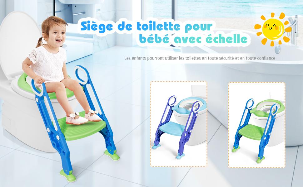 Siege de Toilettes pour Bebe Reglable et Pliable avec Echelle Siège Rembourre Large Marchepied Bleu et Vert