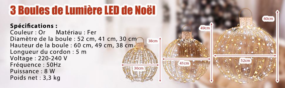 Lot de 3 Déco Boules LED de Noël avec 180 Lumière Chaude et 180 Blanche pour  Arbre Pelouse Jardin Décoration de Noël Or - Costway