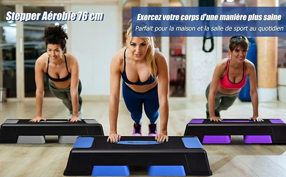 Stepper dAerobic Step de Fitness 3 Hauteur Reglable avec Rehausseurs Coussinets Antiderapants Poids Supporte 150 kg Bleu