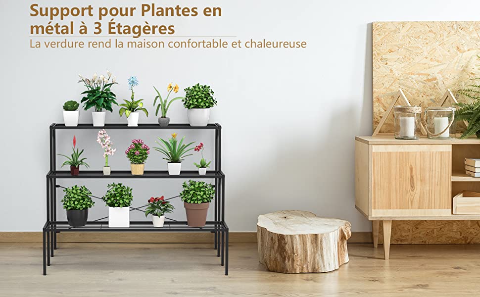 Etagere Plantes en Metal a 3 Niveaux 85 x 65 x 66 CM Porte Plantes/Etagere Echelle à Fleurs pour Interieur/Exterieur