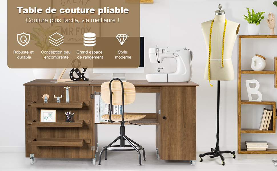 Giantex Table de Couture Pliable pour Machine à Coudre, avec roulettes & 3  Etagères, Table Multifonction pour Salon, Bureau, Studio (118.5 x 40 x 79.5  cm, Blanc) : : Cuisine et Maison