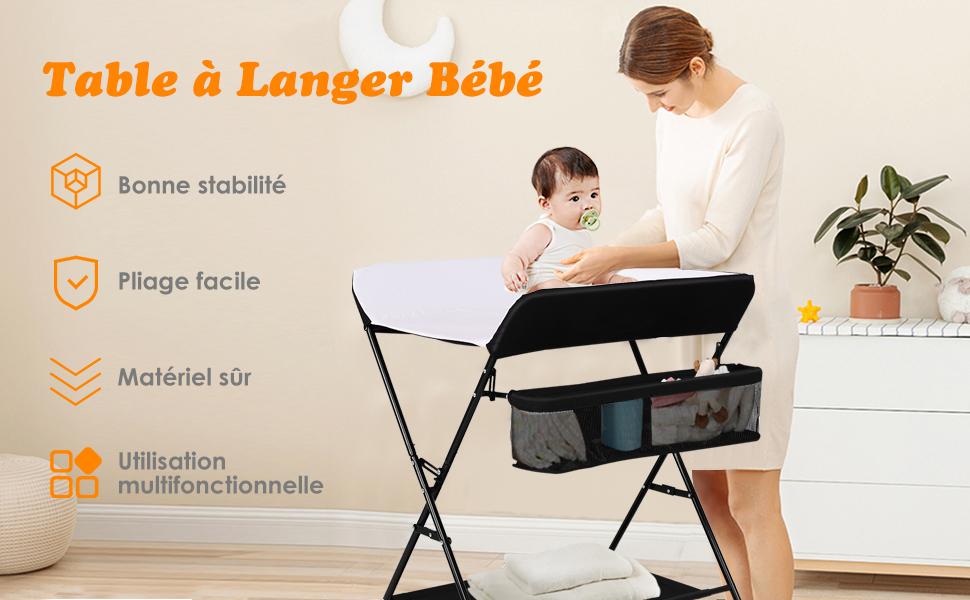 Table a langer Multifonctions Bébé Pliante 3 en 1 avec Ceinture de Securite Grand Panier de Rangement Supporte 11 kg Noir