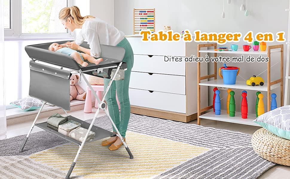 Table a Langer Pliante a Roulettes pour Bebe avec Panier de Rangement Hauteur Reglable en 3 Positions Gris