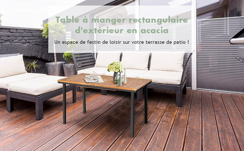 Table de Jardin Exterieur en Bois dAcacia avec Trou de Parasol Rectangulaire Cadre en Acier pour 6-8 Personnes 140x75x76CM