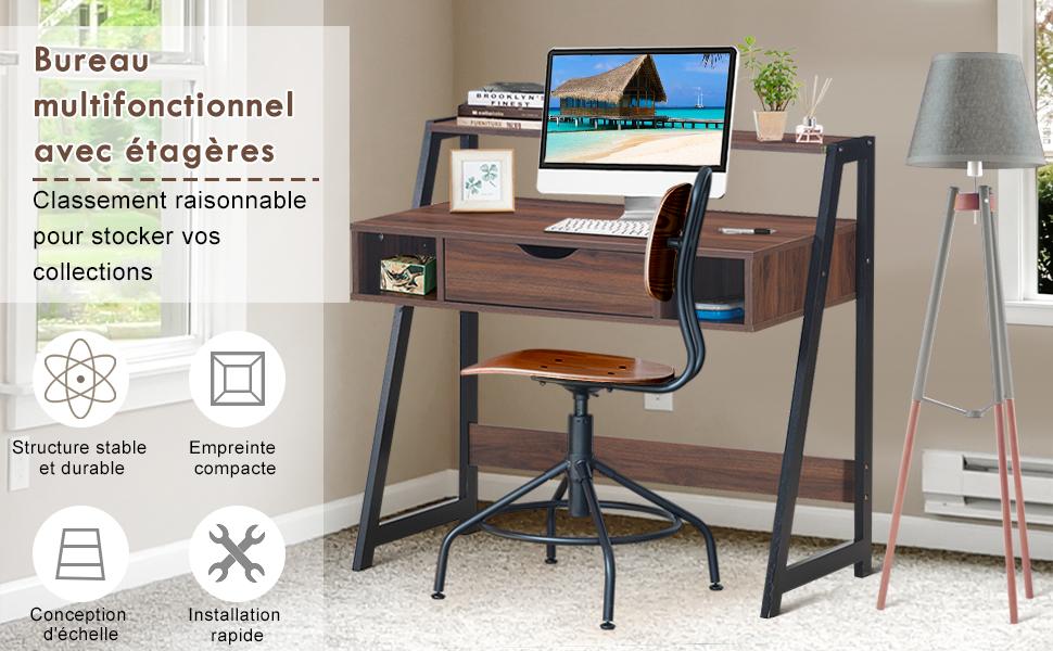 Bureau Informatique Table dOrdinateur 92 x 52 x 90 CM avec Tiroir et Tablette de Rangement de Style Industriel Moderne
