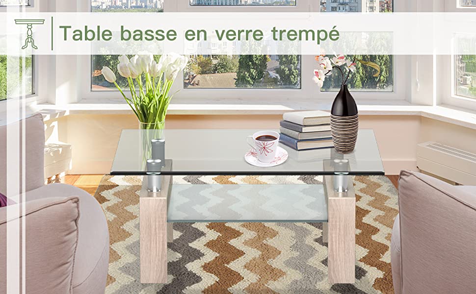 Table Basse en Verre Trempe Rectangulaire 99 x 60 x 44,5 CM Tube en Acier Inoxydable et Pied en Fer Solide Nature