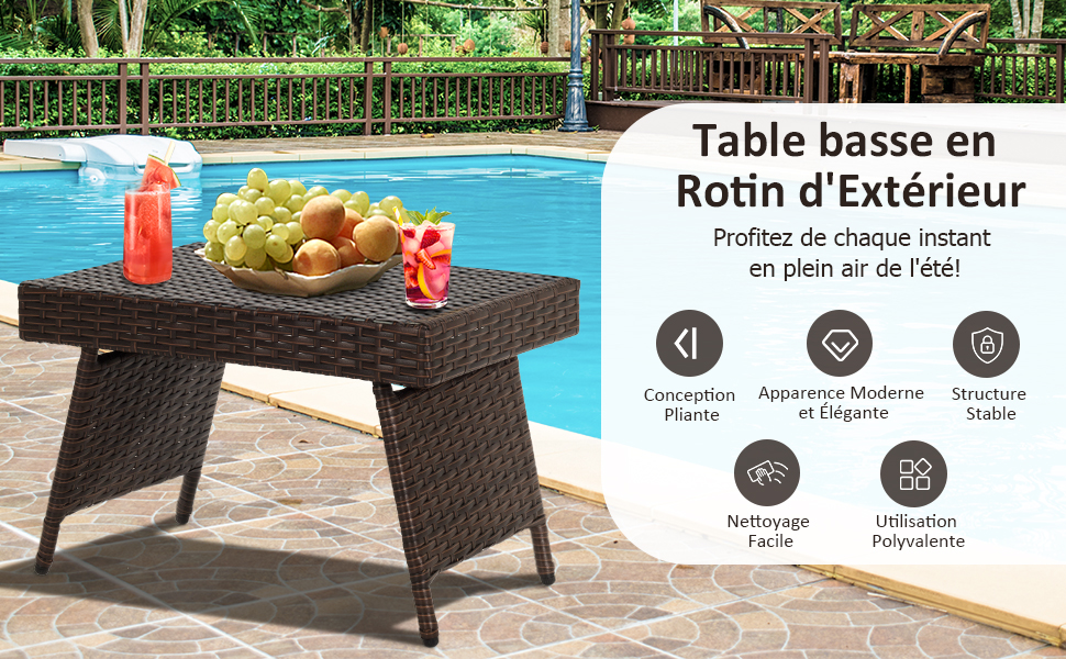  Table Basse Pliante en Rotin 60 x 40 x 40 CM Table d'Appoint avec Coussinets de Pied Reglables pour Jardin/Salon/Terrasse