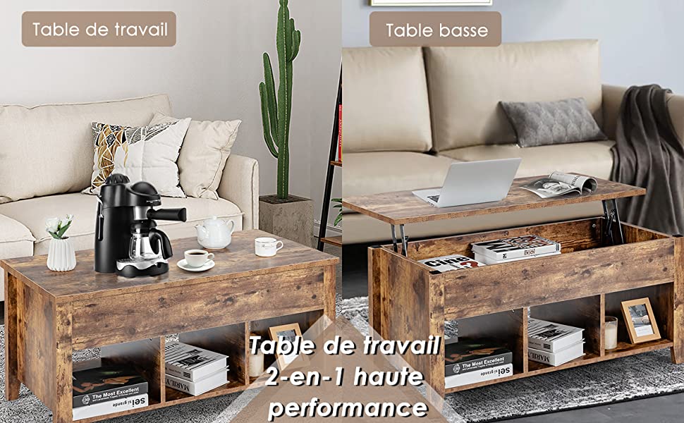 Table Basse avec Plateau Relevable Noir 104,5 x 49,5 x 48,5 CM avec Trois Compartiments pour Rangement Design Contemporain Marron