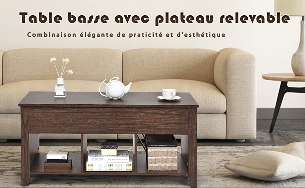  Table Basse avec Plateau Relevable Marron Table de Salon Carre avec Trois Compartiments Design Contemporain 