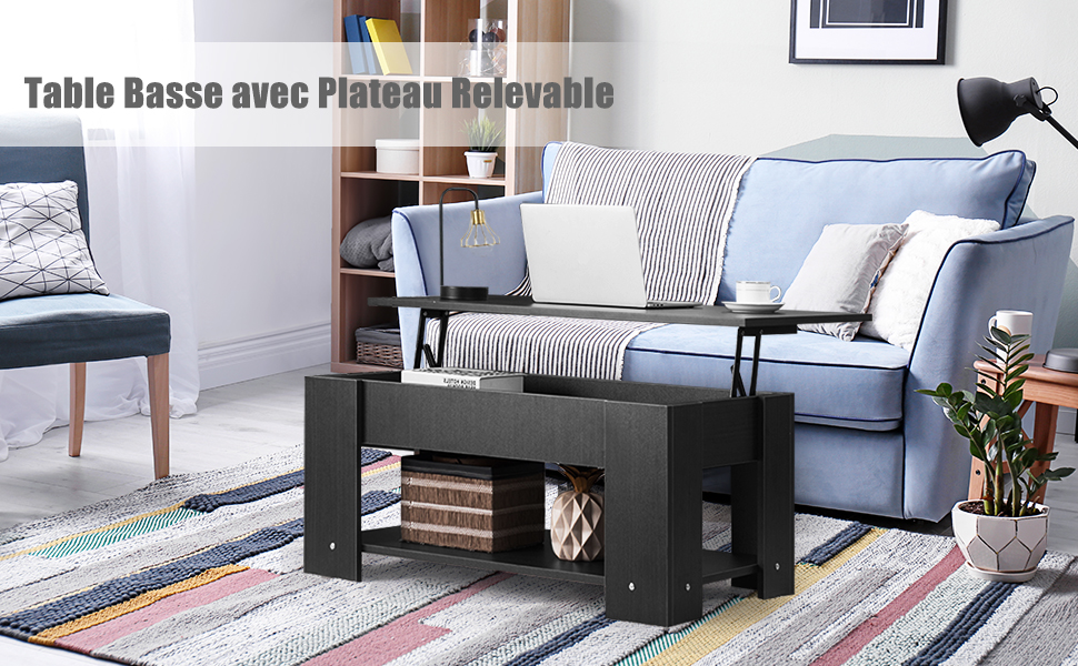 Table Basse avec Plateau Relavable et 1 Etagère pour Rangement Style Moderne 98 x 51 x 42 CM Noir
