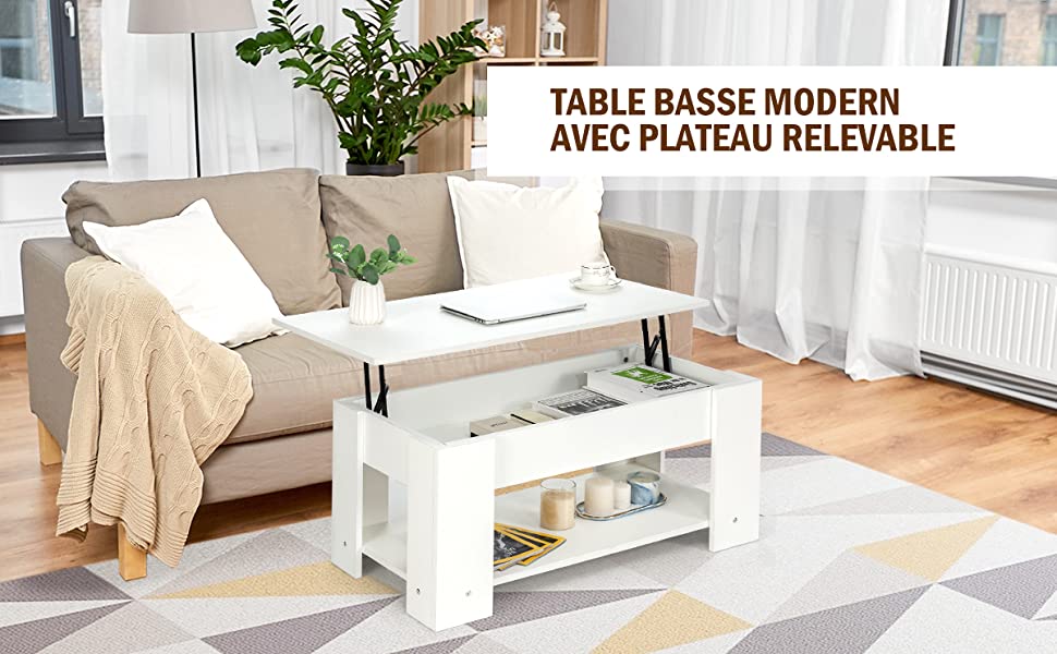  Table Basse avec Plateau Relavable et 1 Etagere pour Rangement Style Moderne 98 x 51 x 42 CM Blanc