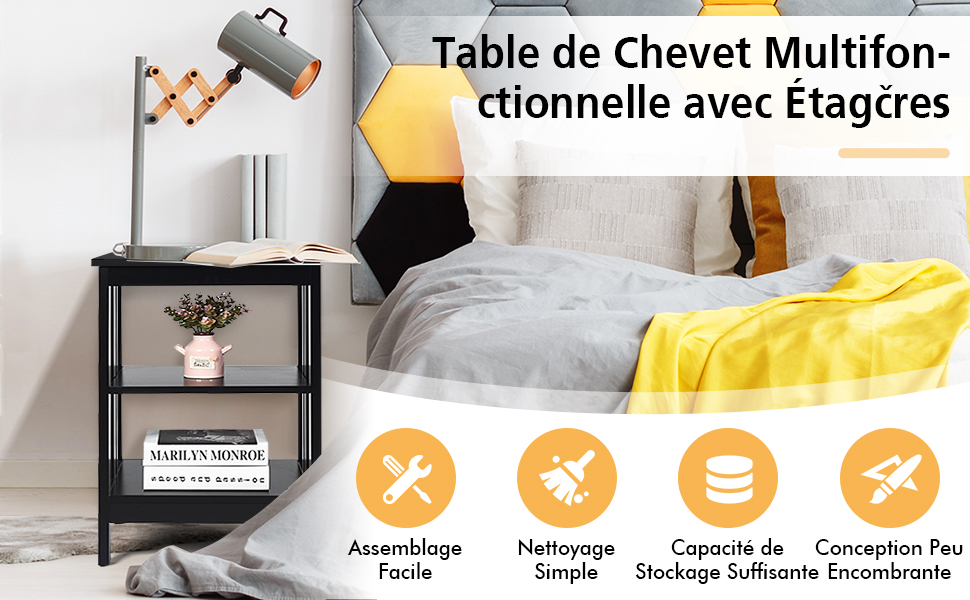  Tables de Chevet Moderne a 3 Niveaux 40 x 40 x 61 CM Table de Nuit avec Coussinets Antiderapants pour Salon/Chambre Noir