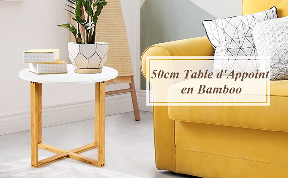  Table dAppoint Ronde 50 x 50 x 45 CM Bout de Canape avec Base en Forme de X Table de Chevet avec Pieds en Bambou