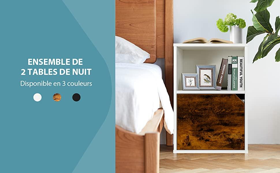 Lot de 2 Tables de Chevet avec Etagere Ouverte et Placard 40x40x59cm pour Salon Bureau Chambre Salle detude Blanc