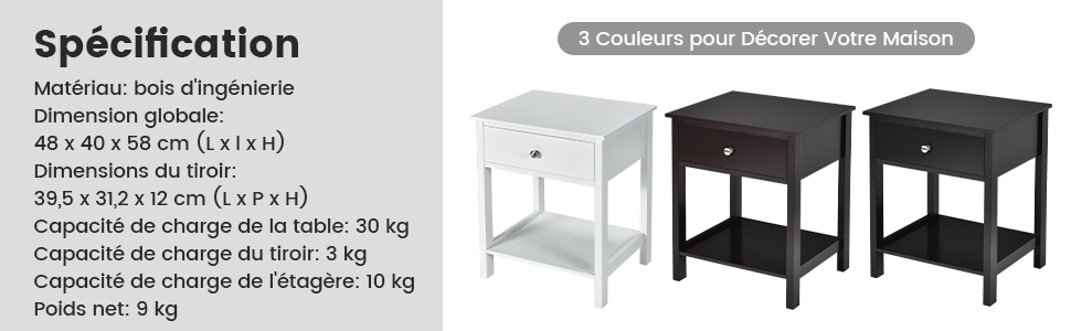  Table de Chevet a 2 Niveaux Style Moderne Simple 48 x 40 x 58 CM Noir