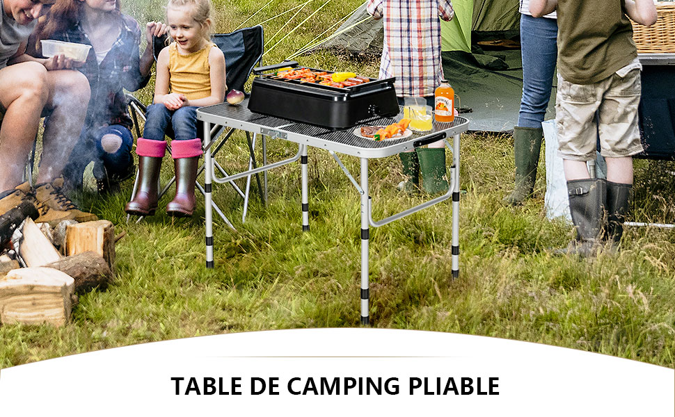 Table de Camping Pliable Table de Jardin Reglable en Hauteur avec Plateau Maille de 90x60cm et Cadre en Aluminium Argent