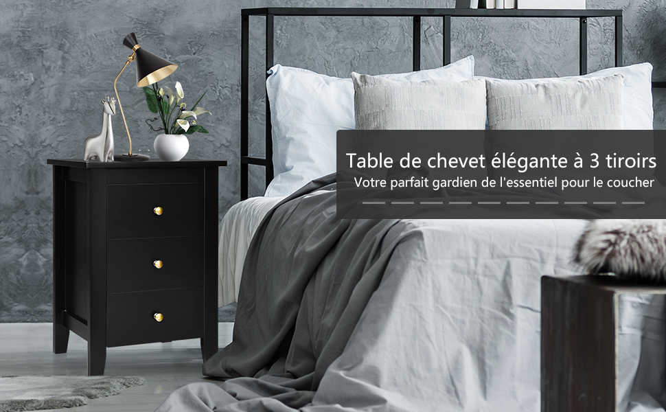 Table de Nuit Table de Chevet Moderne avec 3 Tiroirs Pour Chambre a Coucher 46x37x65cm Noir