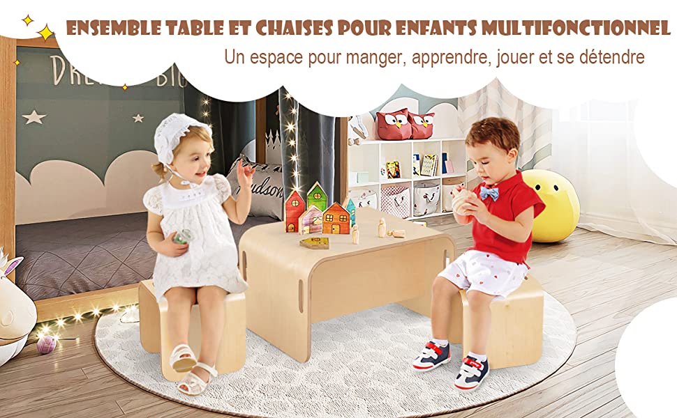 Table Enfant avec Chaises Design Moderne en Bois dBouleau pour Manger Etudier et Jouer
