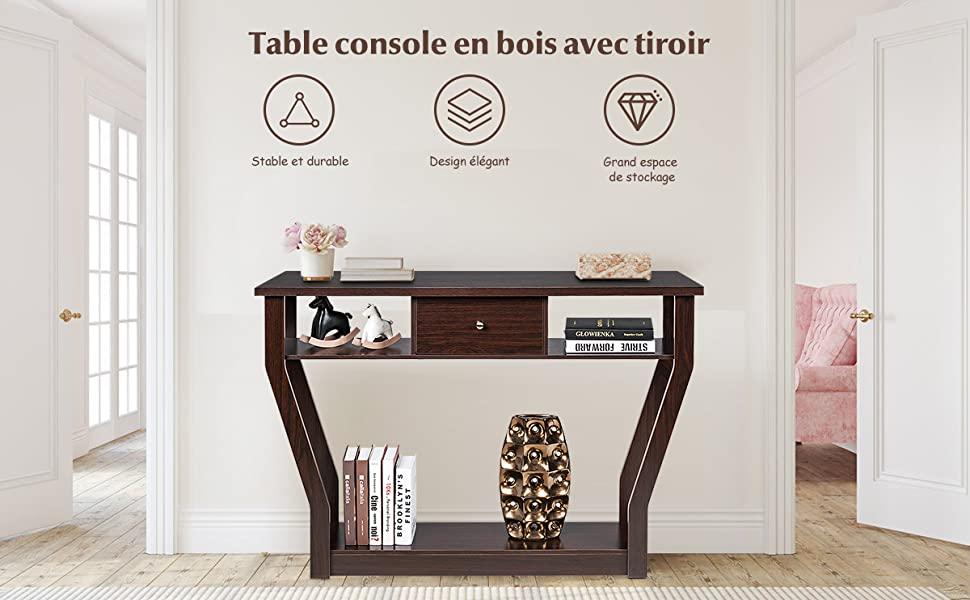 Table Console en MDF avec un Tiroir et 3 Compartiments pour Rangement 120x30x81cm Brun