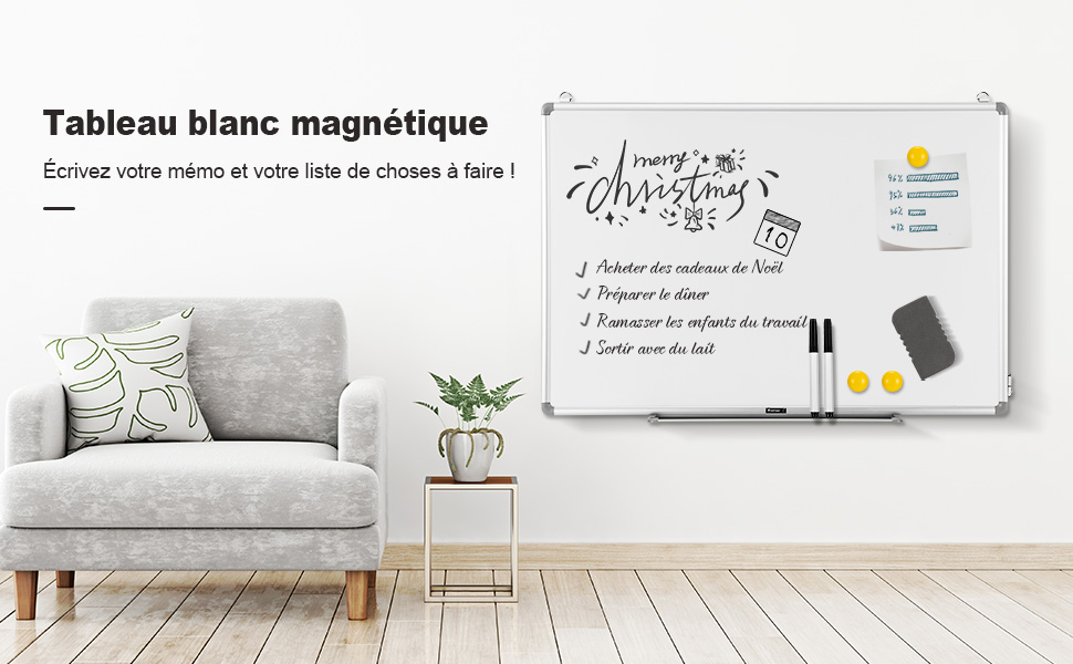 Tableau Blanc Magnetique 60x45CM Portatif Mural Cadre en Aluminium avec Plateau a Stylos Effaceur 2 Marqueurs et 4 Aimants