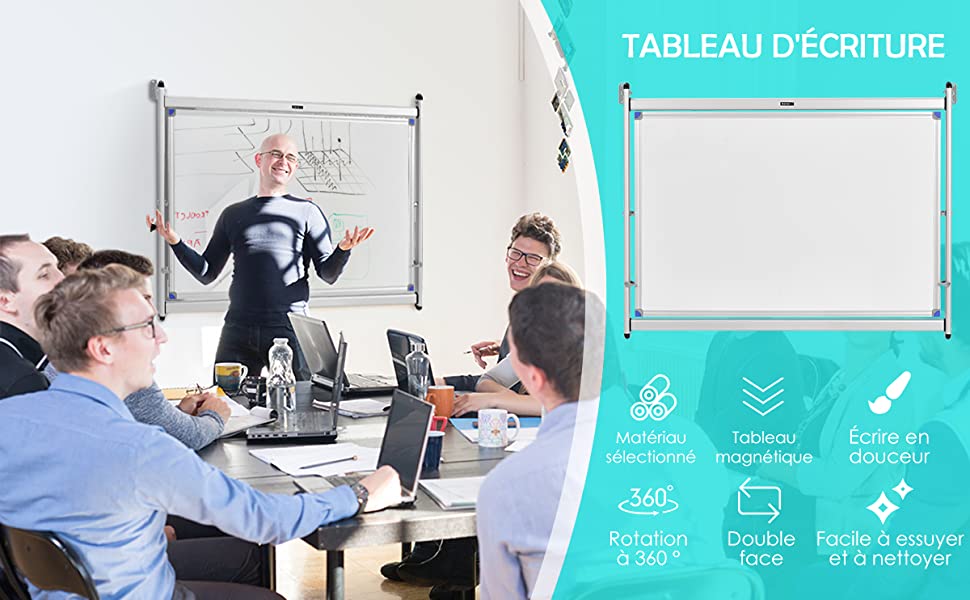  Tableau Blanc Mural Pivotant de 96,5x76 cm avec Double Face et Plateau Amovible pour Marqueurs pour Bureau/Salle de classe
