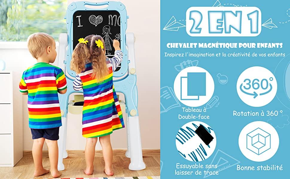 Chevalet pour Enfant 2 en 1 Double Faces Accessoires pour Enfants plus de 3 Ans Bleu