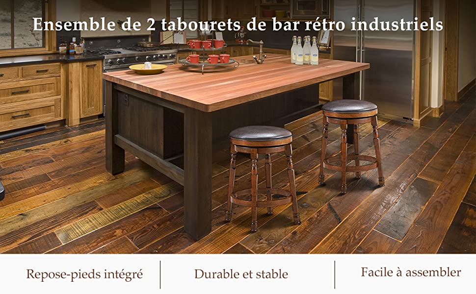 2 Tabourets de Bar Chaise de Bar Pivotant a 360° avec Siege en Cuir PU Rembourre Repose-Pieds et Cadre en Bois dHevea