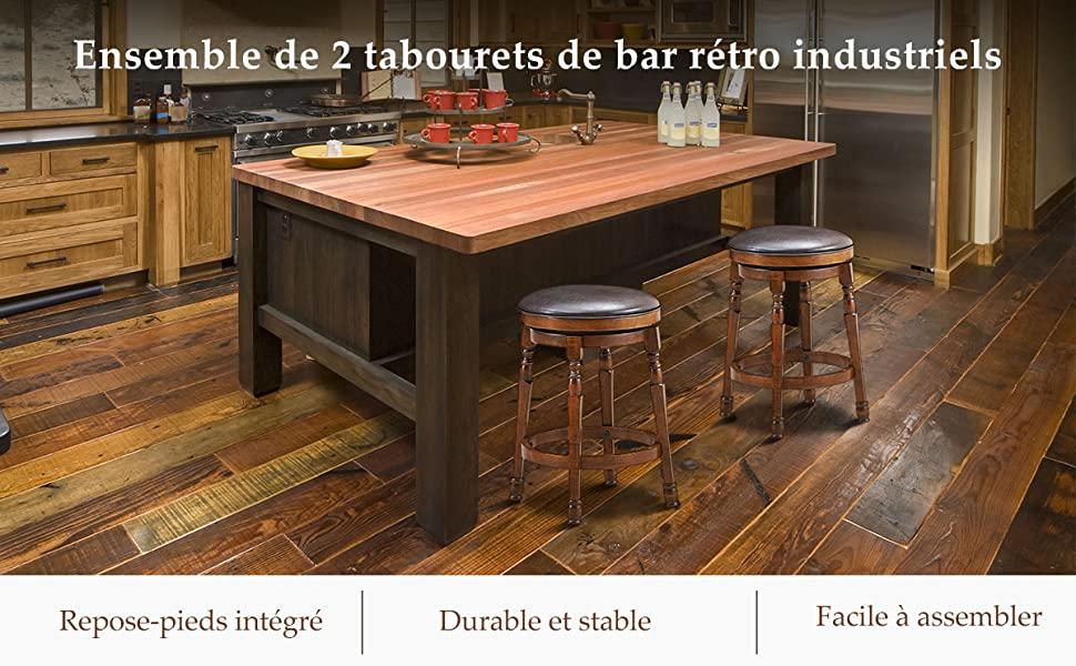 Tabouret De Bar Vintage En Bois D'hévéa Et Cuir Véritable - Assise 75 Cm - Pivotant 360°, Fait Main - Marron - Idéal Cuisine, îlot, Bar Maison