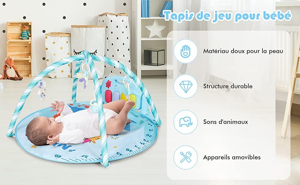 Muzikale activiteitenmat voor baby's 4-in-1 schaalbaar met 5 zintuiglijke speelgoedhangpiano's met verlichting Afneembare bogen Blauw