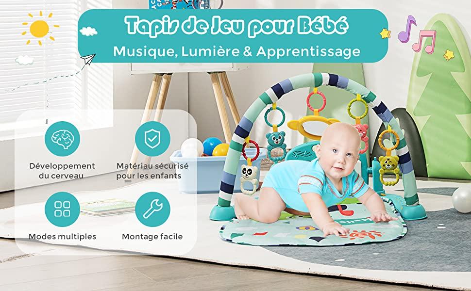 Tapis dEveil Musical pour Bebe Tapis de Jeu pour Bebe avec Piano Pivotant Musique et Lumière 4 Jouets et 1 Miroir Bleu