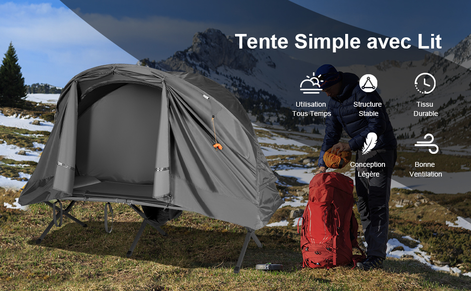 Tente Surelevee 4 en 1 avec Matelas Auto-gonflant Tente Exterieur Imperméable pour 1 Personne Gris 200 x 86,5 cm