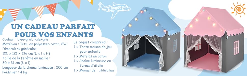 Tente Tipi pour Enfants en Toile de Coton avec Fenêtre Poches Latérales  Tapis de Sol et Perches en Bois 120x120x150 cm - Costway