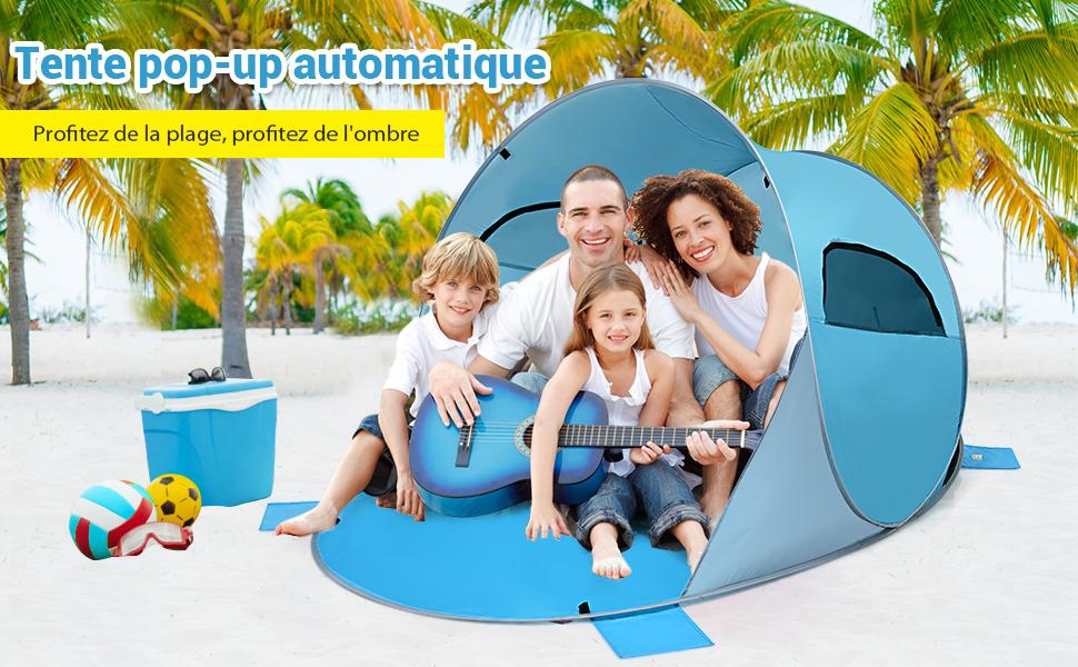 Tente de Plage Pliable Pop-up Automatique Instantanee 3-4 Personnes Anti UV 220x159x115cm avec 8 Sardines 4 Cordes dAncrage Bleu