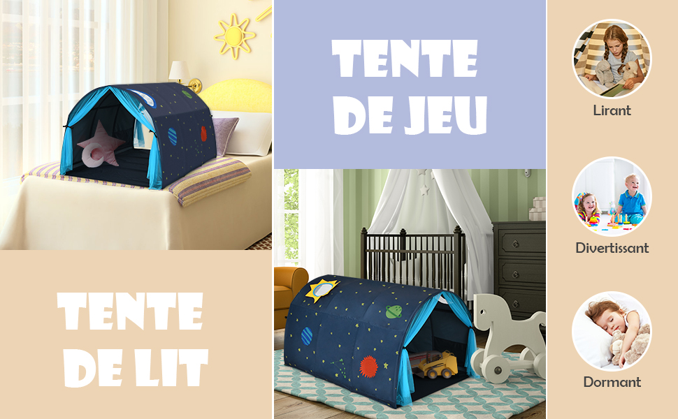 DREAMADE Tente de Lit Enfant avec Rideaux Translucides et 2 Poches, Tente  de Rêve Pliable avec Sac de Transport, 144X102X82CM