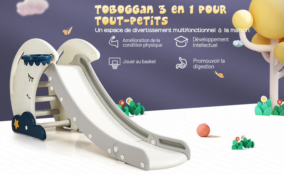  Toboggan pour Enfants 3 en 1 avec Panier de Basket-ball et Escalade Fonction Pliable Aire de Jeux