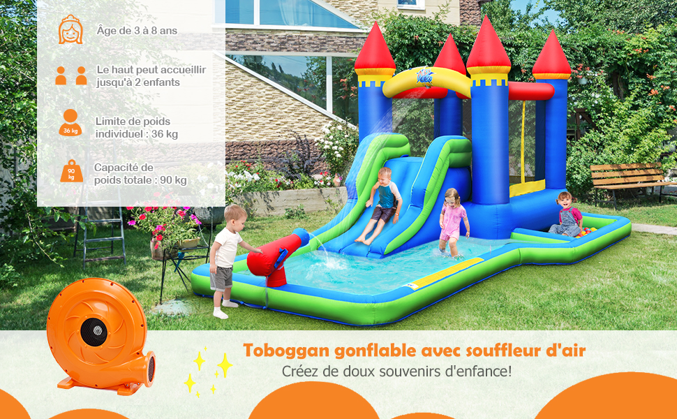 Chateau Gonflable 6-en-1  pour Enfants 3-8 Ans avec Souffleur Sac de Rangement et Kit de Reparation 480 x 280 x 230 cm