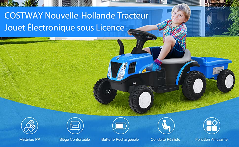 Tracteur Électrique 6V avec Remorque pour Enfants 3+ Ans 2-3 km/h avec Effets Sonores et Lumineux 106 x 42 x 49 cm Bleu