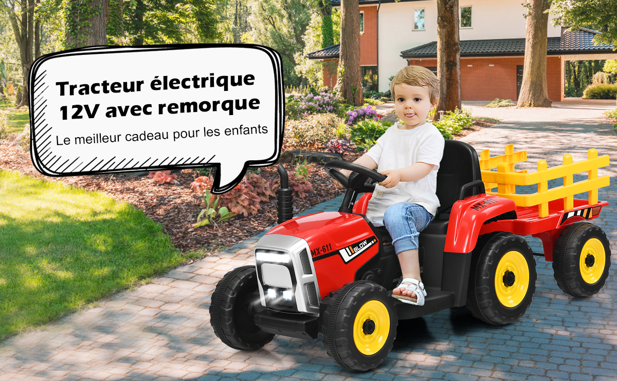 Tracteur Electrique avec Télécommande 2.4G 12V 7AH Vitesse : 3-8 km/h MP3  Port USB pour Enfants de 3 à 8 Ans Rouge - Costway