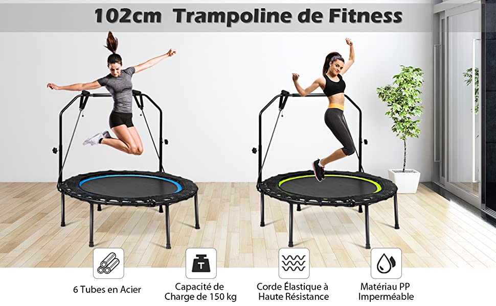 Trampoline de Fitness/Gymnastique Ø102cm avec Bande de Résistance et Poignee Reglable sur 3 Positions Charge Max.120kg Vert