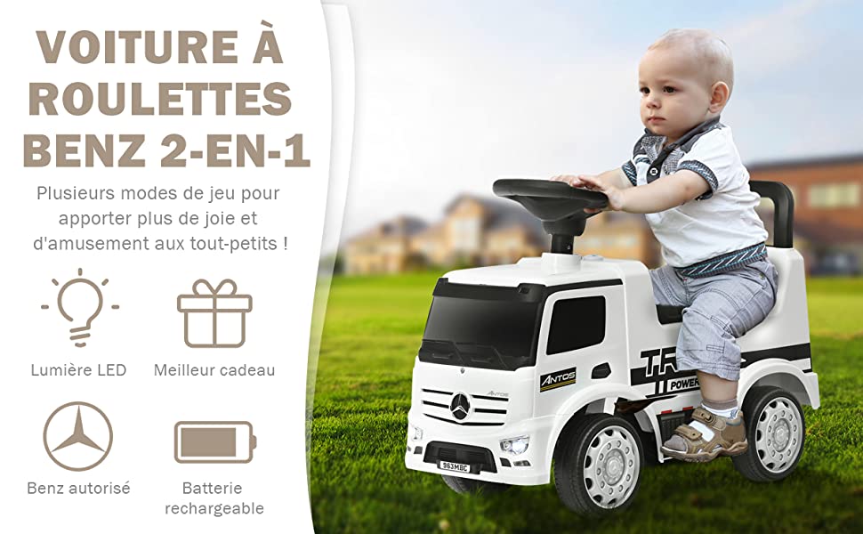 Trotteur/Porteur pour Enfants Type de Mercedes Benz avec Espace de Rangement Sonore et Lumineux pour 12-36 Mois Blanc