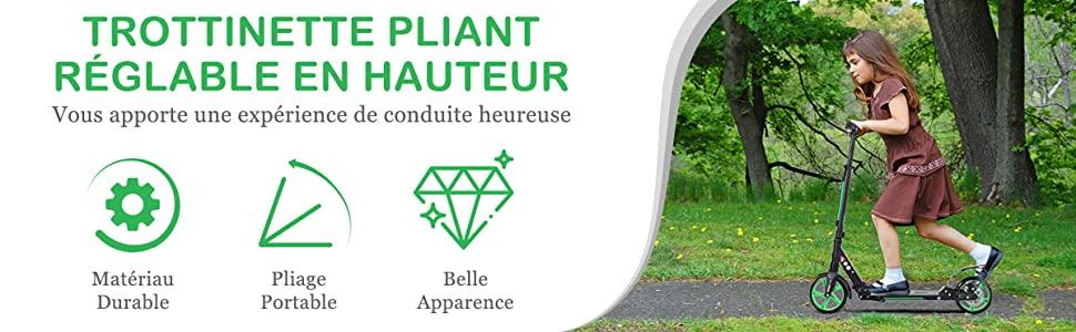 Trottinette a 2 Roues avec Frein Pliable 3 Hauteures Aajustables Fait en Alliage dAluminium Charge Max.100KG Noir et Vert